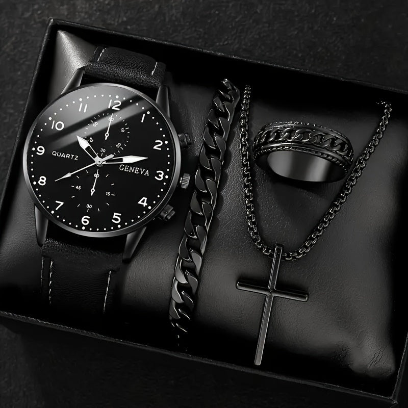 Set of 4 Men's Quartz Watches Black Round Face Faux Leather Bracelets Gift Set