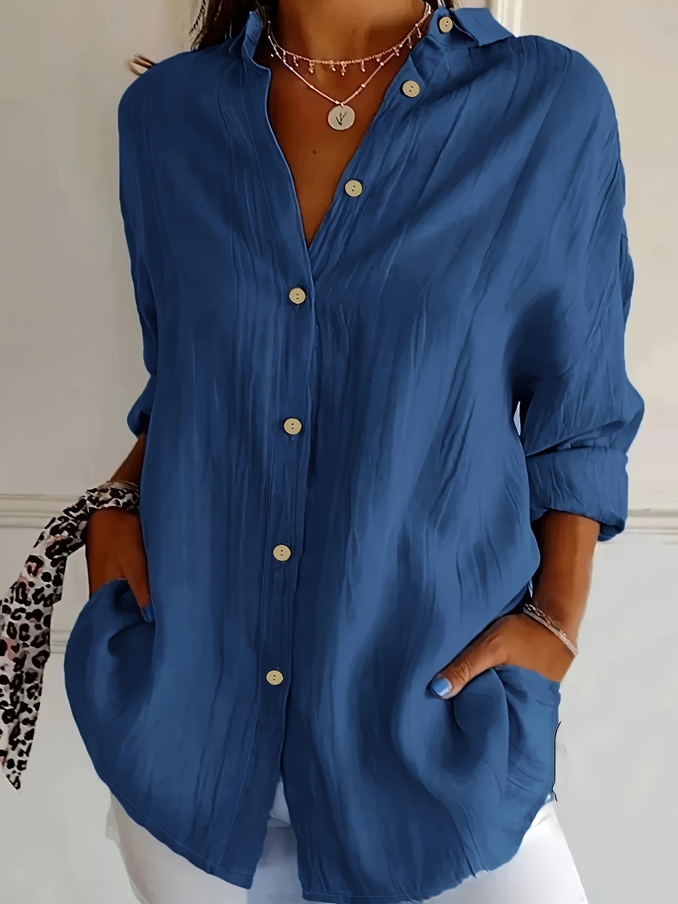 Women's Plus Size Casual Solid Color Loose Fit Button-Up Shirt with Turn- Collar