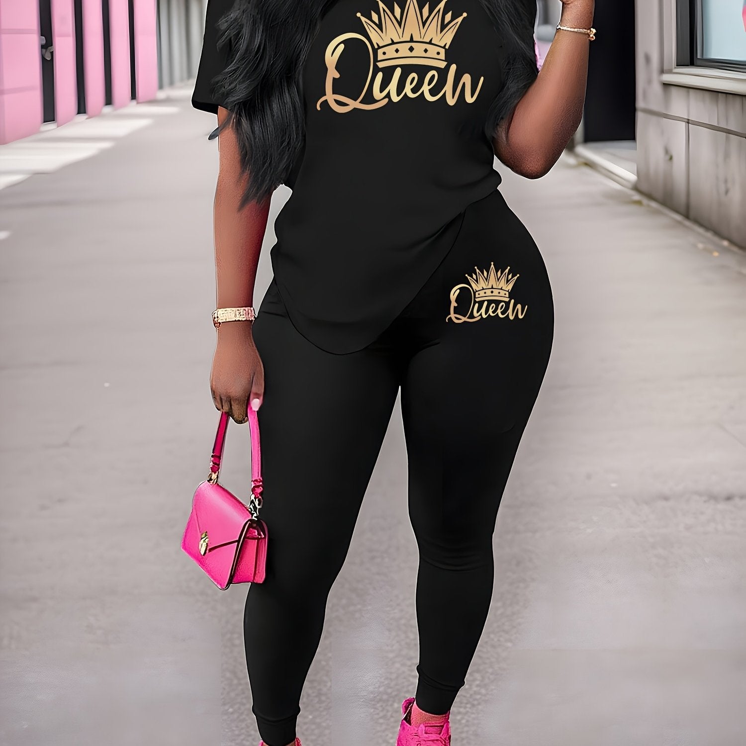 Women's Sports Short Sleeve Suit Crown Print 2pcs Set Elastic Casual