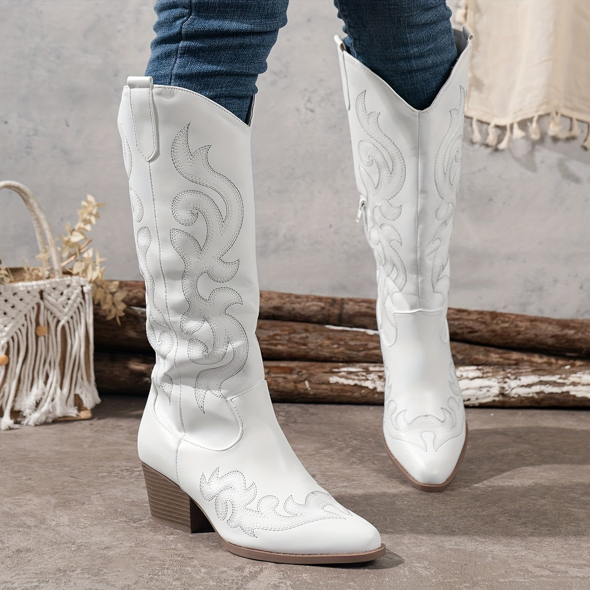 Women's Slip-On Western Cowboy Boots Light Color For Festivals Travel