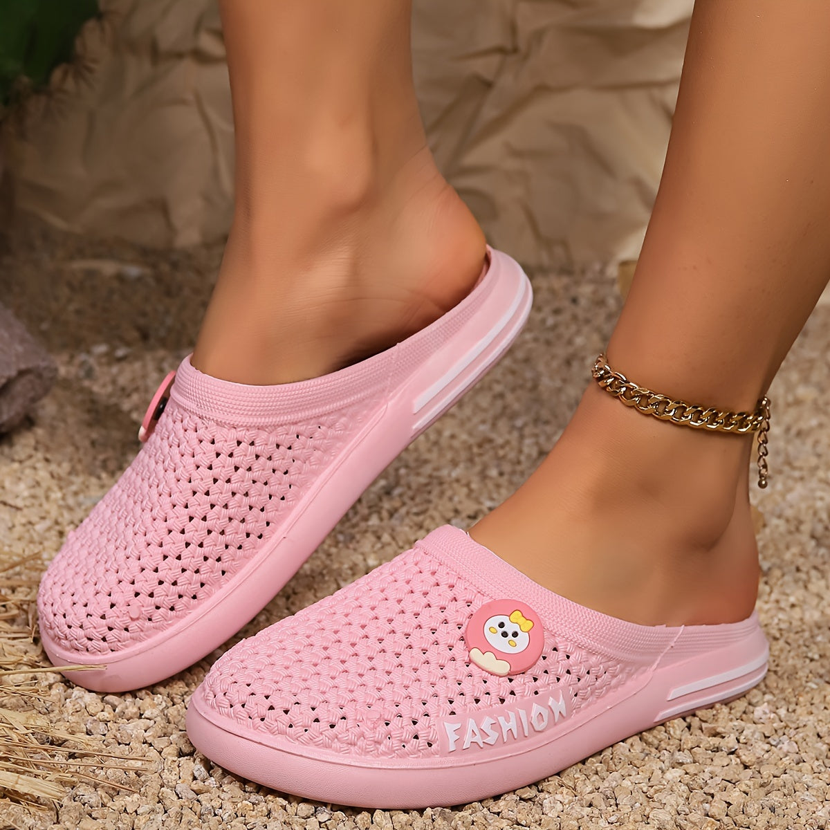 Women's Mules Breathable Summer Slip-On Shoes Solid Color Flat Heel