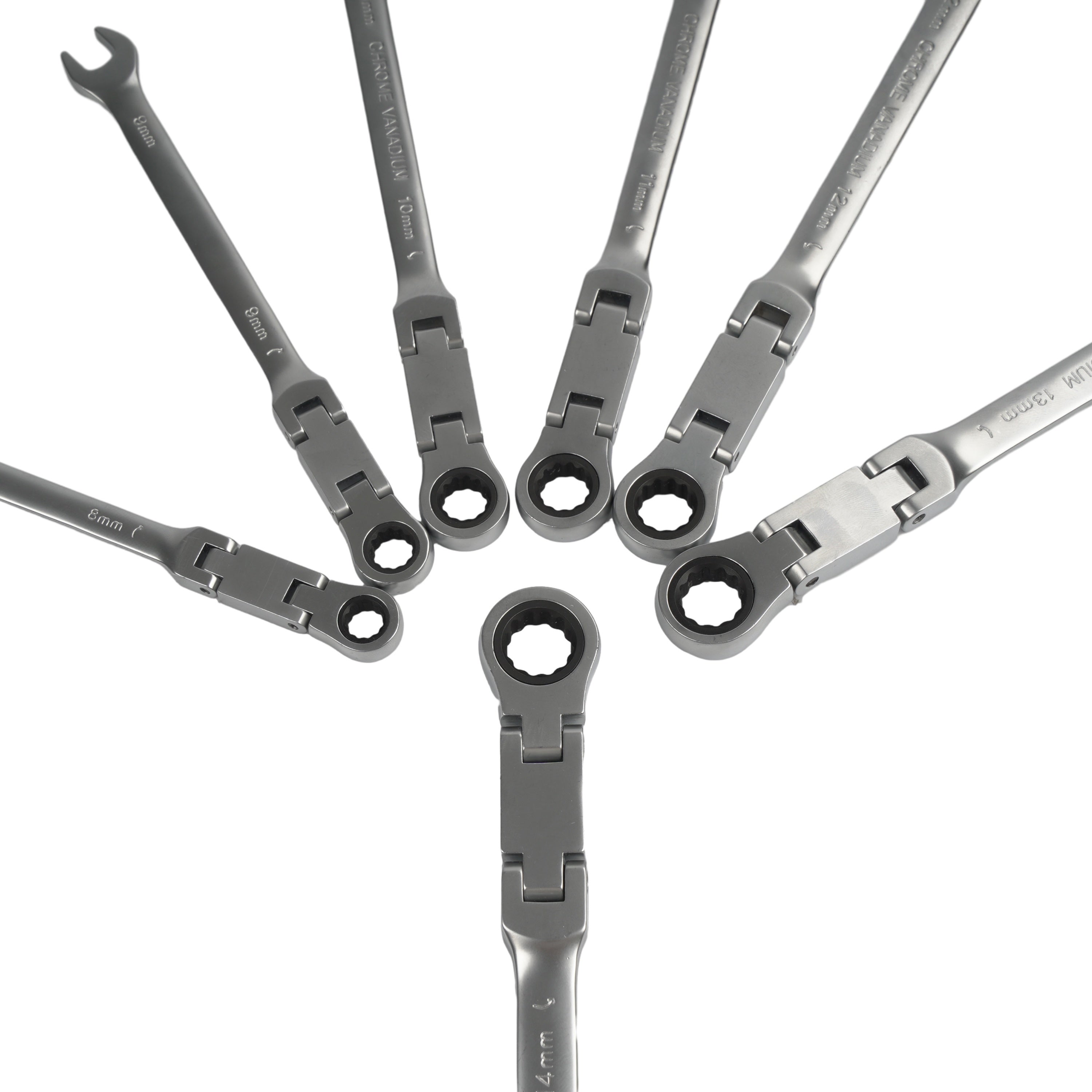 180° Flexible Head Ratchet Wrench Set, 8-19mm, Deep Offset, Dual-Purpose