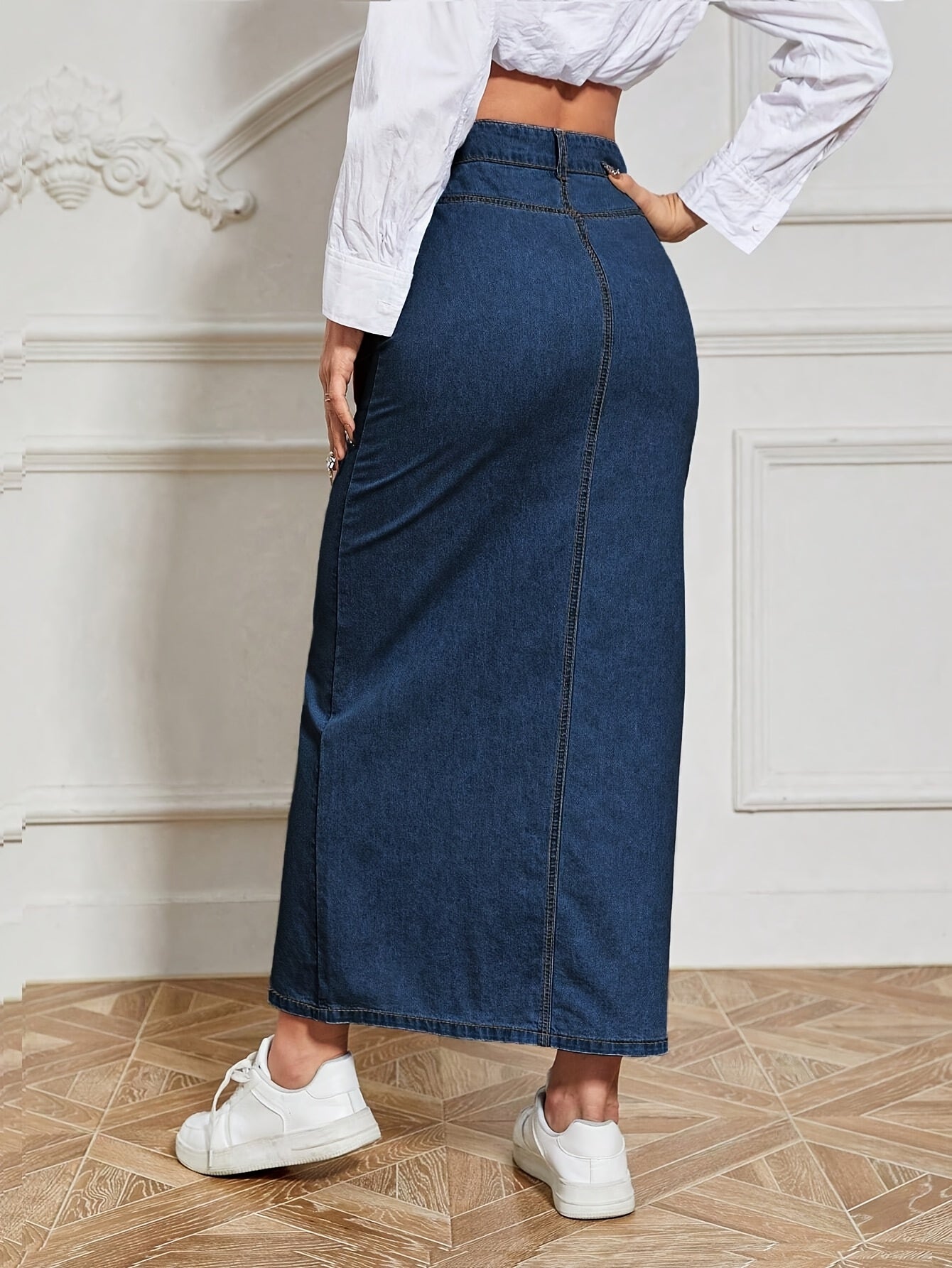 Women's High-Waisted Denim Midi Skirt Solid Color Front Button Medium Stretch Straight Fit Spring Summer Fall