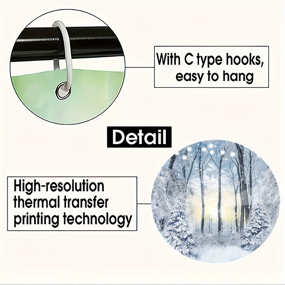Qishki qor manzarali dush pardasi to'plami suv o'tkazmaydigan parda, pol matosi, hojatxona o'rnini qoplovchi, hammom matosi, 12 plastik ilgak va uy bezaklarini o'z ichiga oladi.