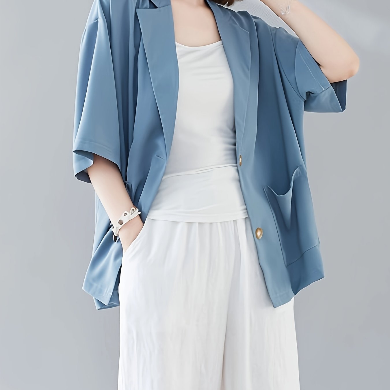 Women's Plus Size Light Blue Open Front Blazer Casual Long Sleeve Jacket