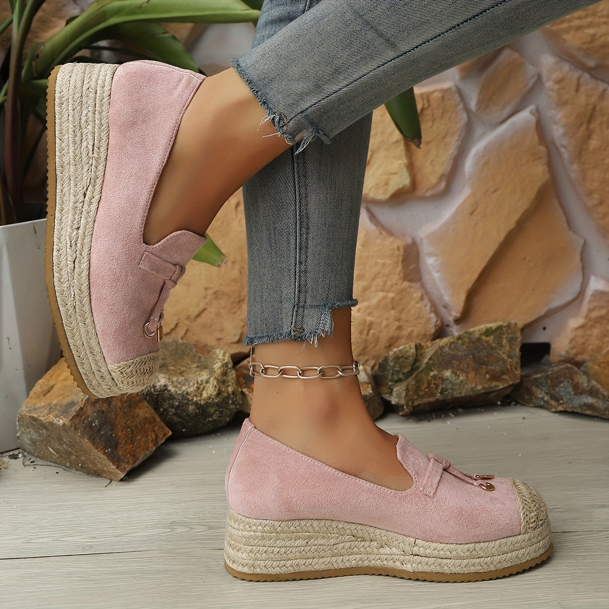 Women's Pink Platform Loafers with Jute Wedge Sole and Metallic Accents