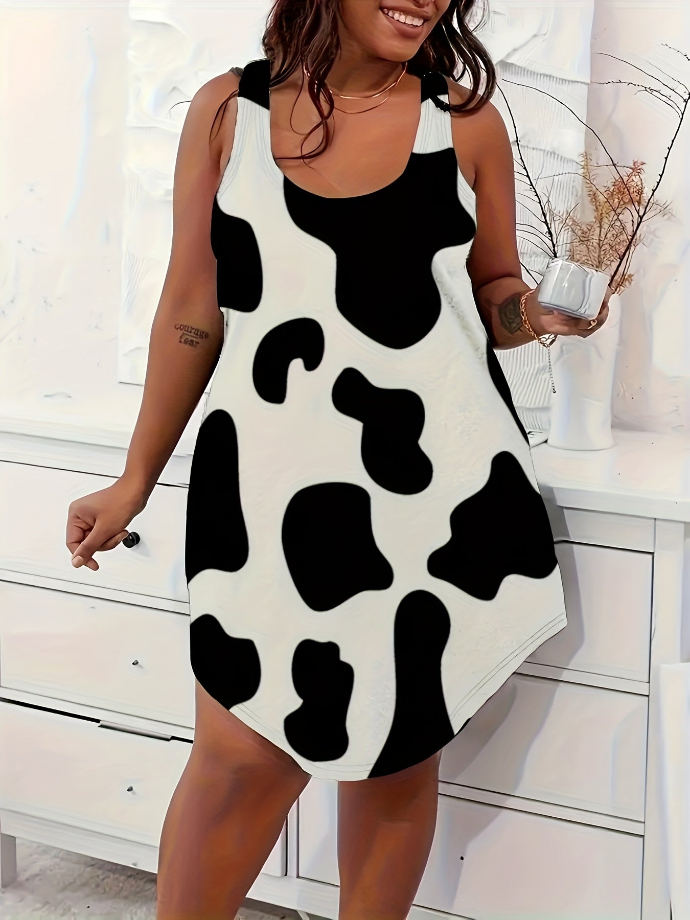 Plus Size Women's Cow Print Sleeveless Nightgown Soft Sleep Dress All-Season Lounge