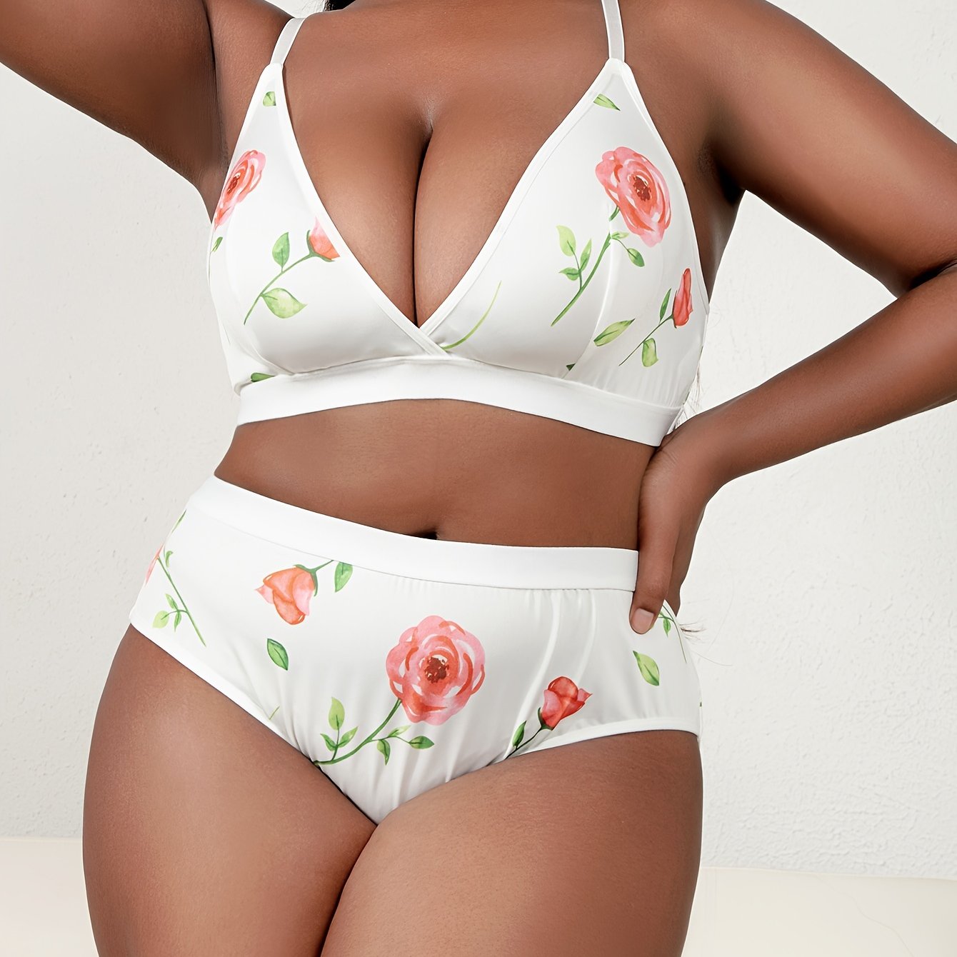 Набор женского белья больших размеров с цветочным принтом, с racerback, бюстгальтером plunge и трусиками