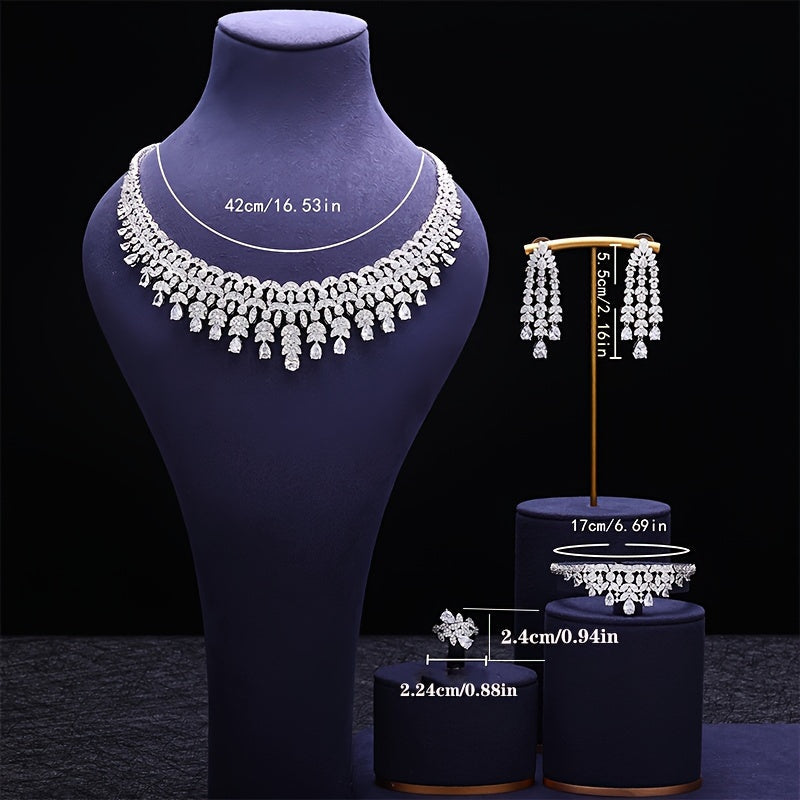 White Cubic Zirconia Bridal Jewelry Set Necklace Earrings Ring Gold Plated Wedding Accessories