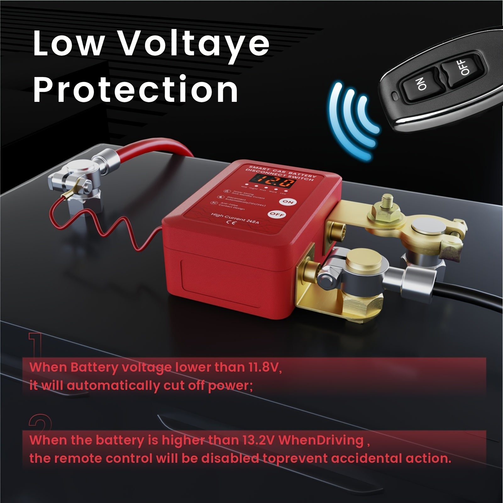 Interruptor inteligente de desconexión de batería de 12V a distancia para coche y autocaravana con pantalla LED