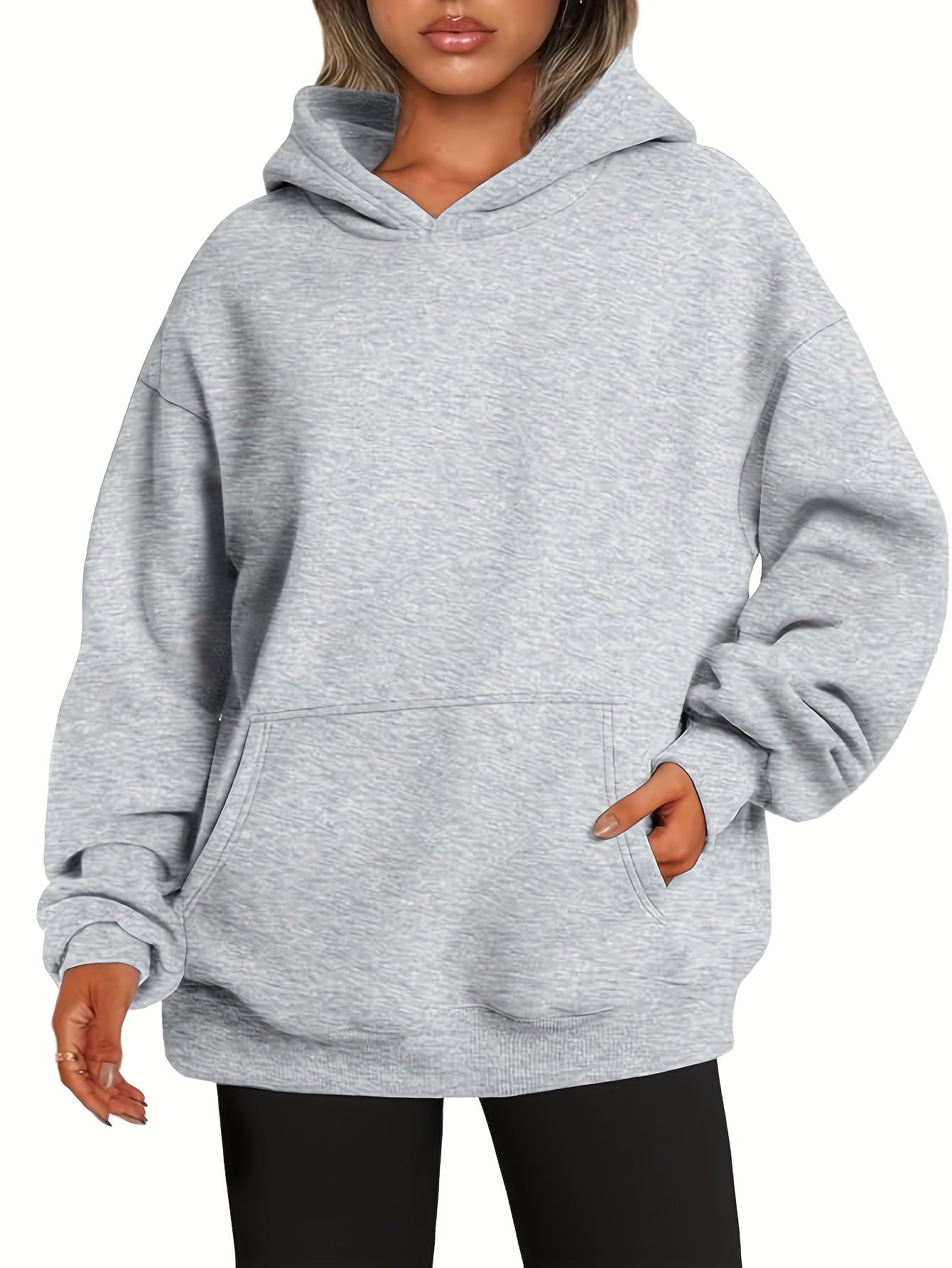 Plus o'lchamli kapüşonli svitshot, cho'ntakli, polyester tikilgan mato, kuz-qish