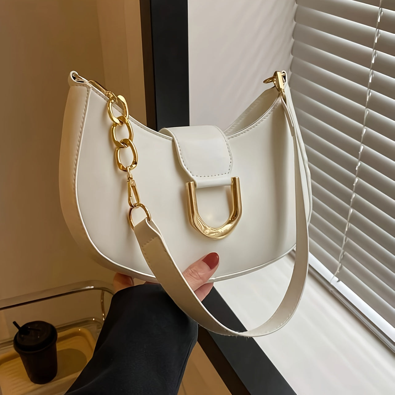 Women's Crescent Shoulder Bag with Gold Hardware Solid Color PU Crossbody Bag