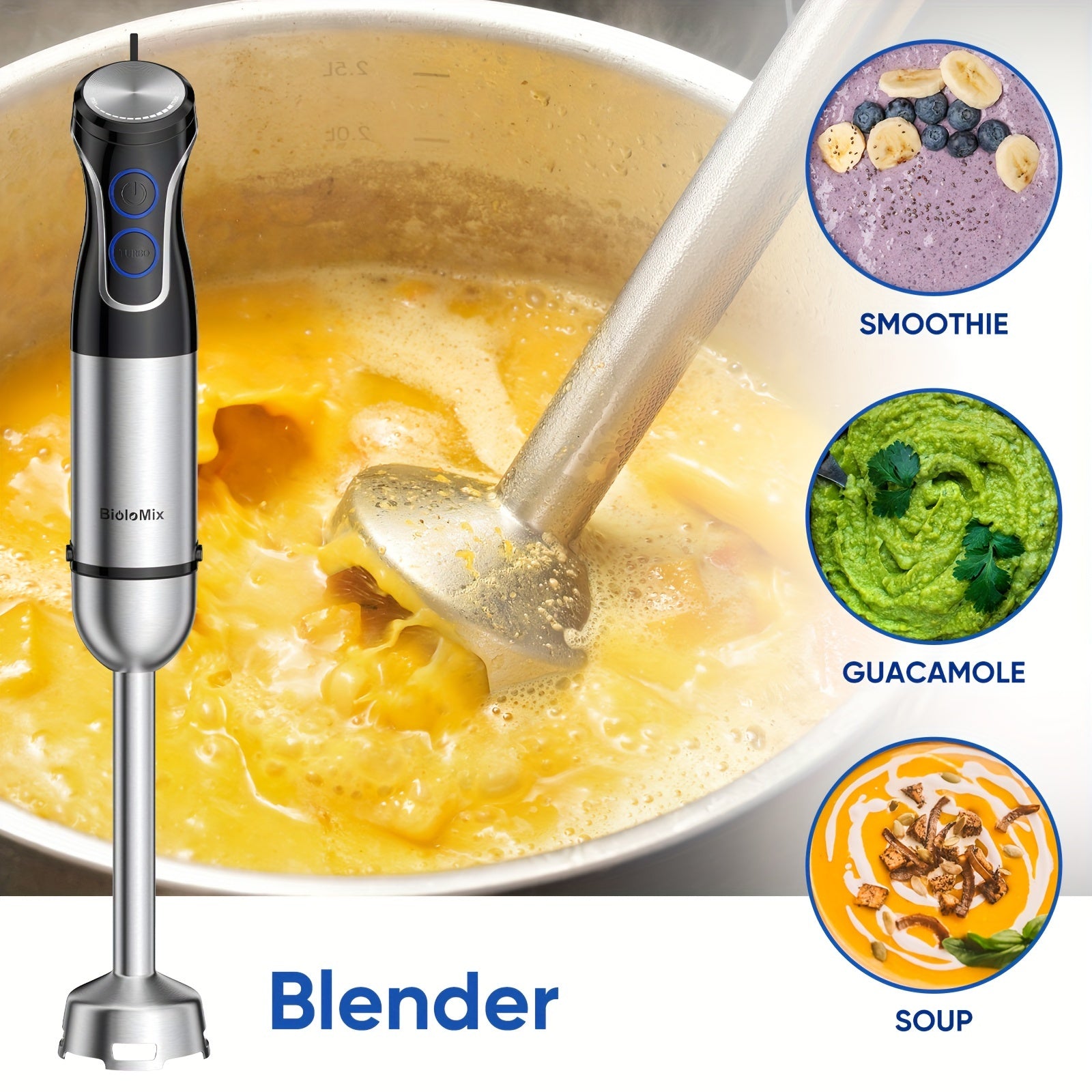 5-in-1 Handheld Immersion Blender 1500W Stainless Steel with Egg Whisk Milk Frother Chopper and Smoothie Cup