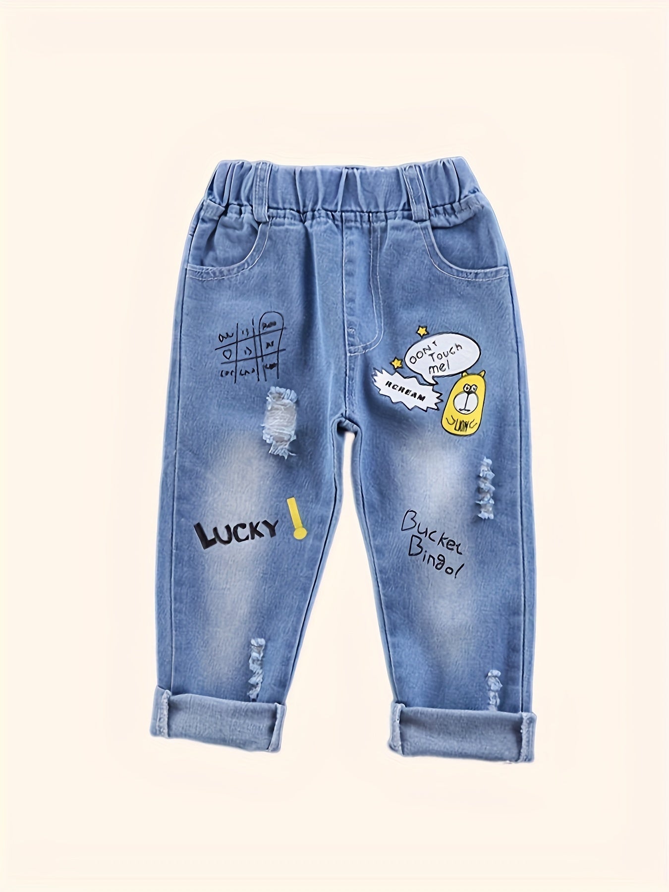 Boys Ripped Denim Jeans All-Season Cartoon Pattern Elastic Waist Straight Fit