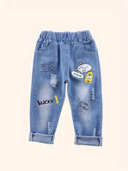 Boys Ripped Denim Jeans All-Season Cartoon Pattern Elastic Waist Straight Fit