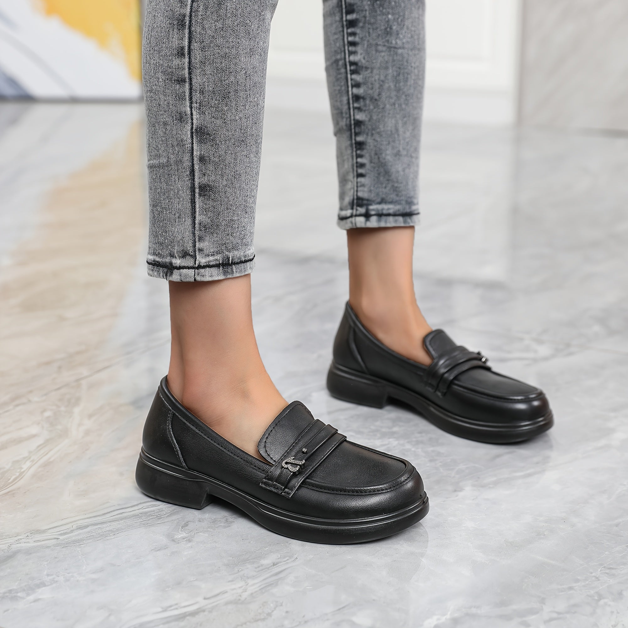Women's Black Faux Leather Slip-On Loafers with Thick Sole