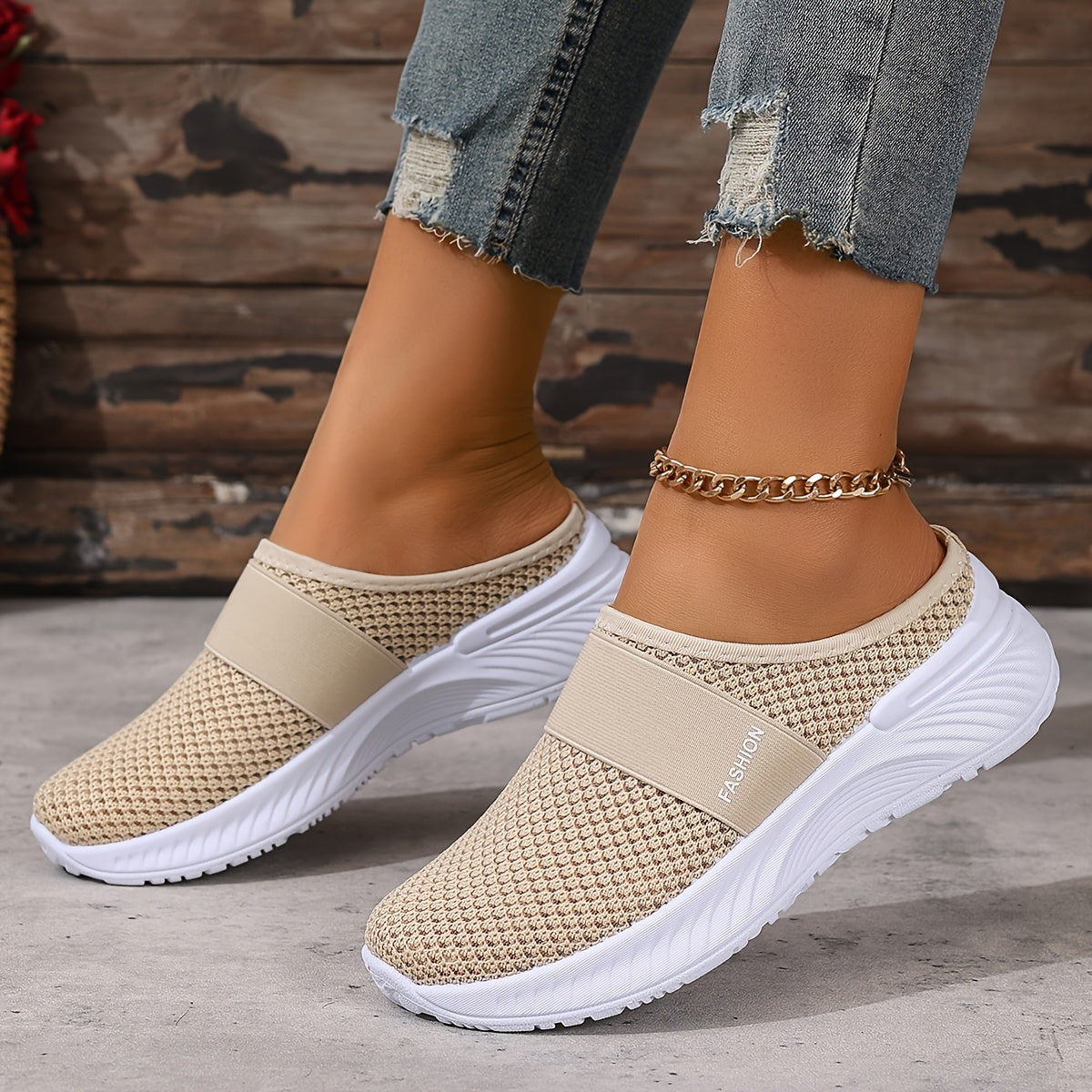Women's White Slip-On Casual Sneakers Breathable Knit Comfortable Beach Shoes