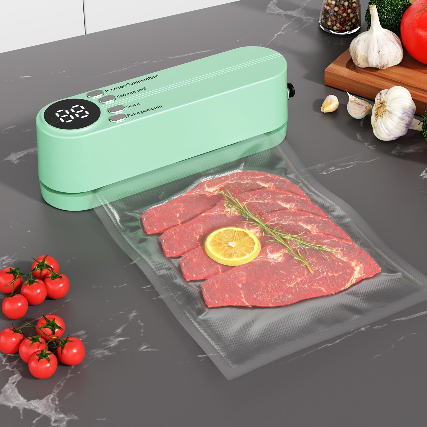 USB bilan qayta to'ldiriladigan vakuum yopishtiruvchi to'plam, tez yopish uchun, pompasi va havo o'tkazmaydigan sumkalarni o'z ichiga oladi, oziq-ovqat, atıştırmalıklar, go'sht, meva, sabzavotlarni saqlash uchun ideal, va joyni tejovchi dizayn.