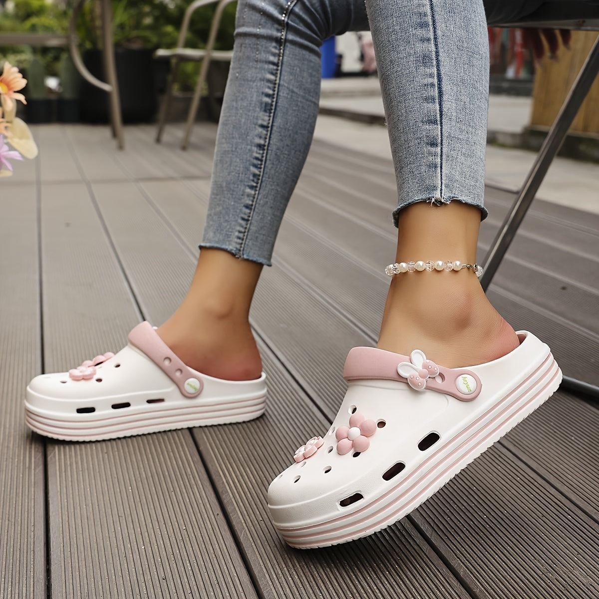 Women's Light Blue Floral Clogs with Thick Platform Breathable EVA