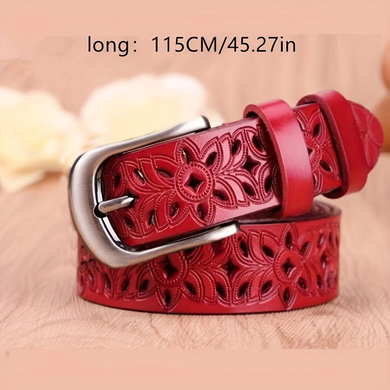 Women's Leather Belt with Hollow Buckle and Needle Detail Stylish Accessory