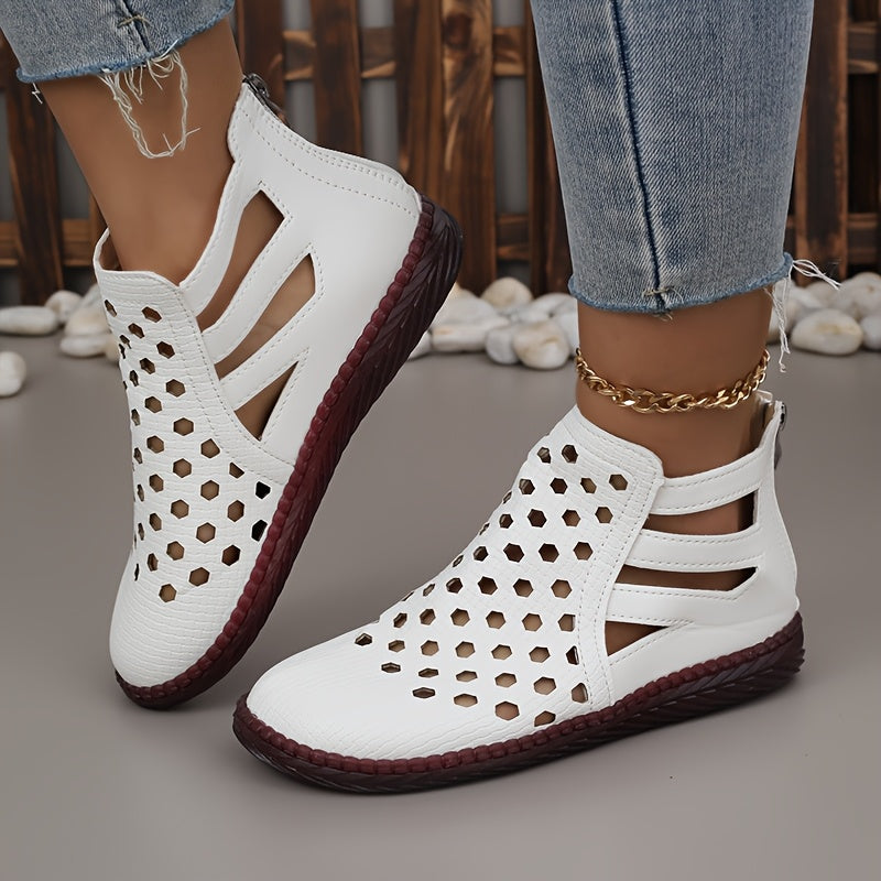 Women's Rhinestone Ankle Boots with Cut-Outs Zipper Flat Sole All-Season