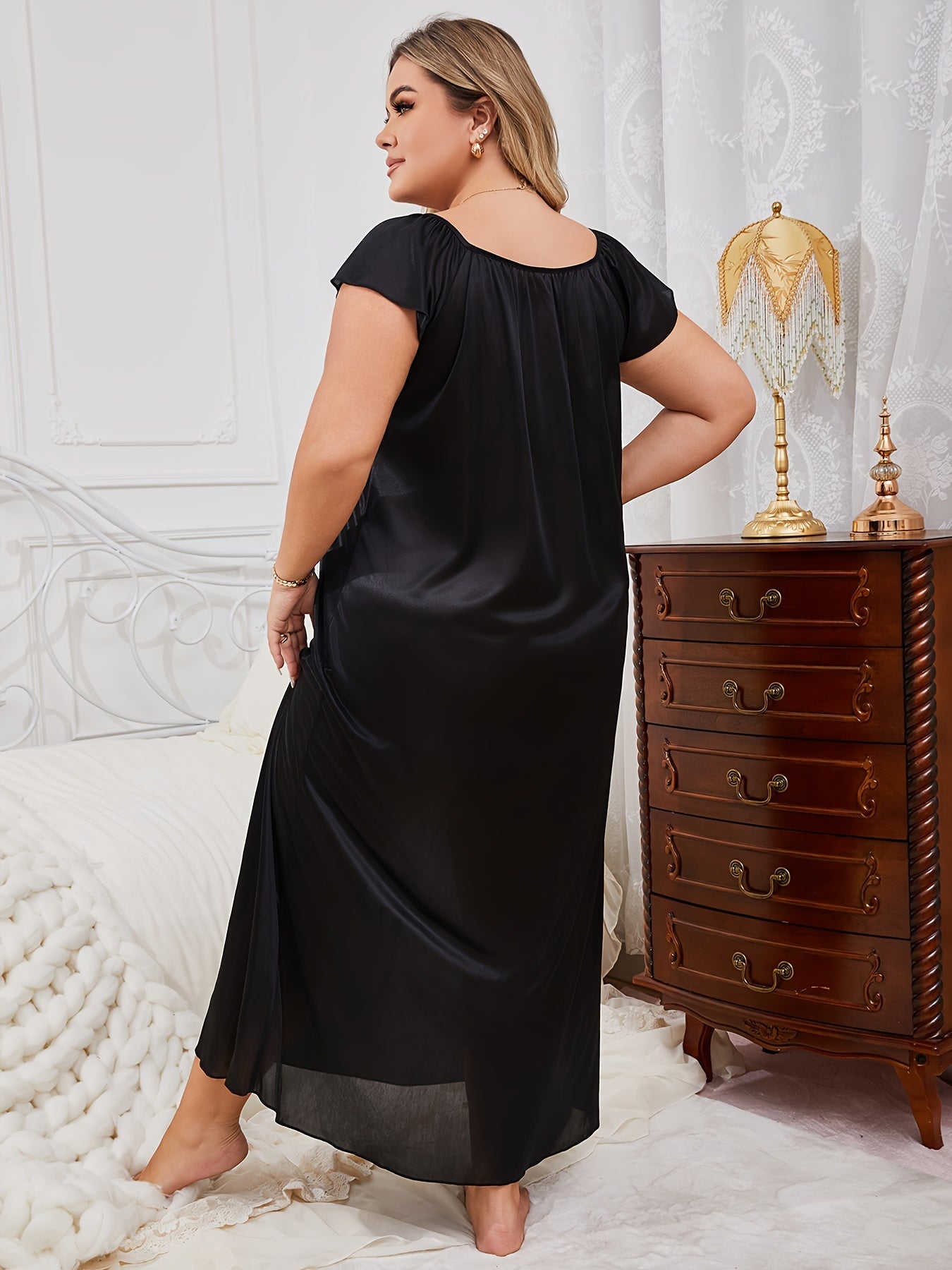 Женская ночная рубашка с V-образным вырезом, мягкий полиэстер-эластан, полупрозрачная, с бантом