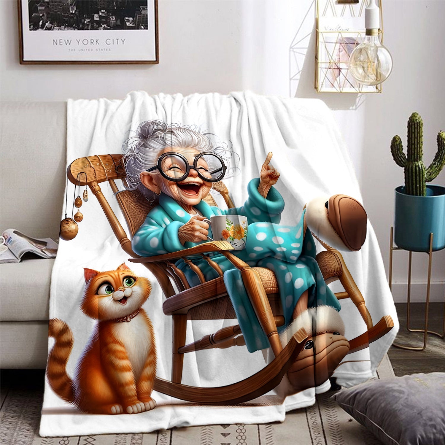 Senior Cozy Flannel Throw Blanket with Grandma and Cat Print All-Season Knitted Polyester