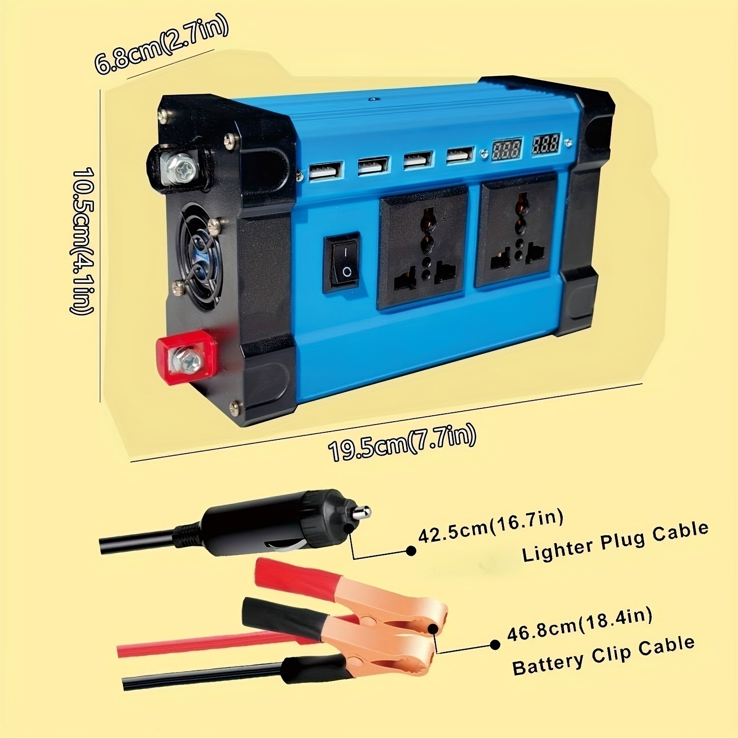 Inversor de corriente de DC12V a AC110V 300W con 4 puertos USB, enchufes universales y pantalla LED