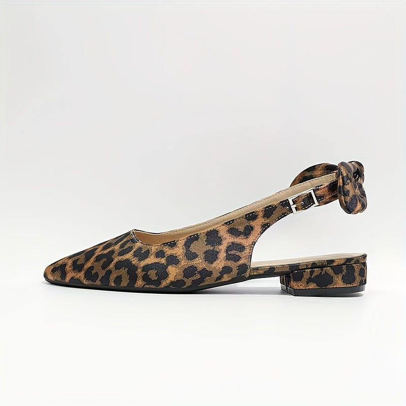 Women's Leopard Print Slingback Sandals with Bowknot, Pointed Toe, Low Heel
