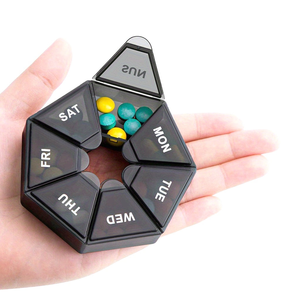 7 kunlik tabletkalarni tashkil etuvchi portativ plastmassa dorixona qutisi qopqoq dizayni