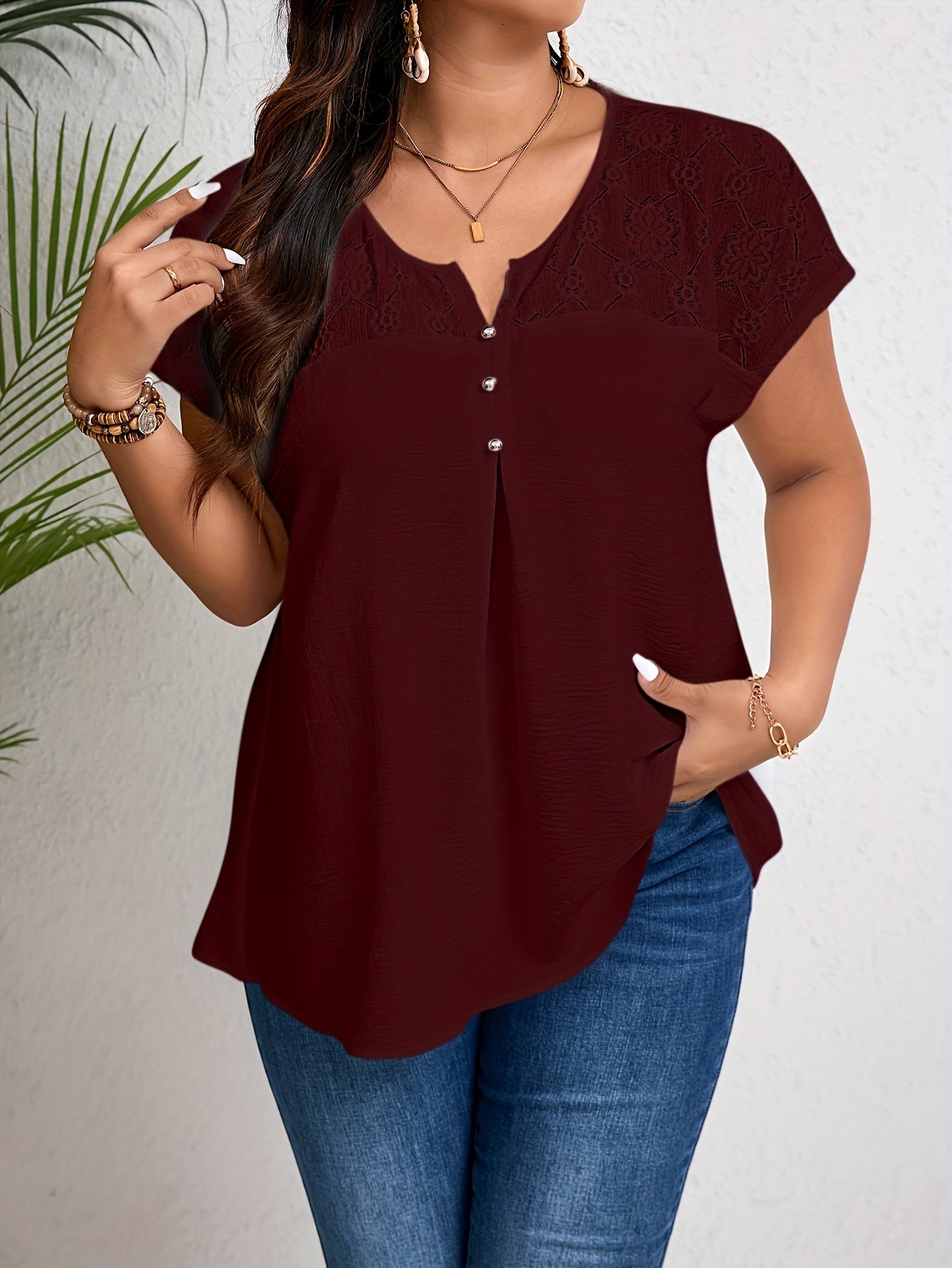 Plus Size Women's Top with Lace Detail V-Neck Non-Stretch Polyester for Spring Summer Fall