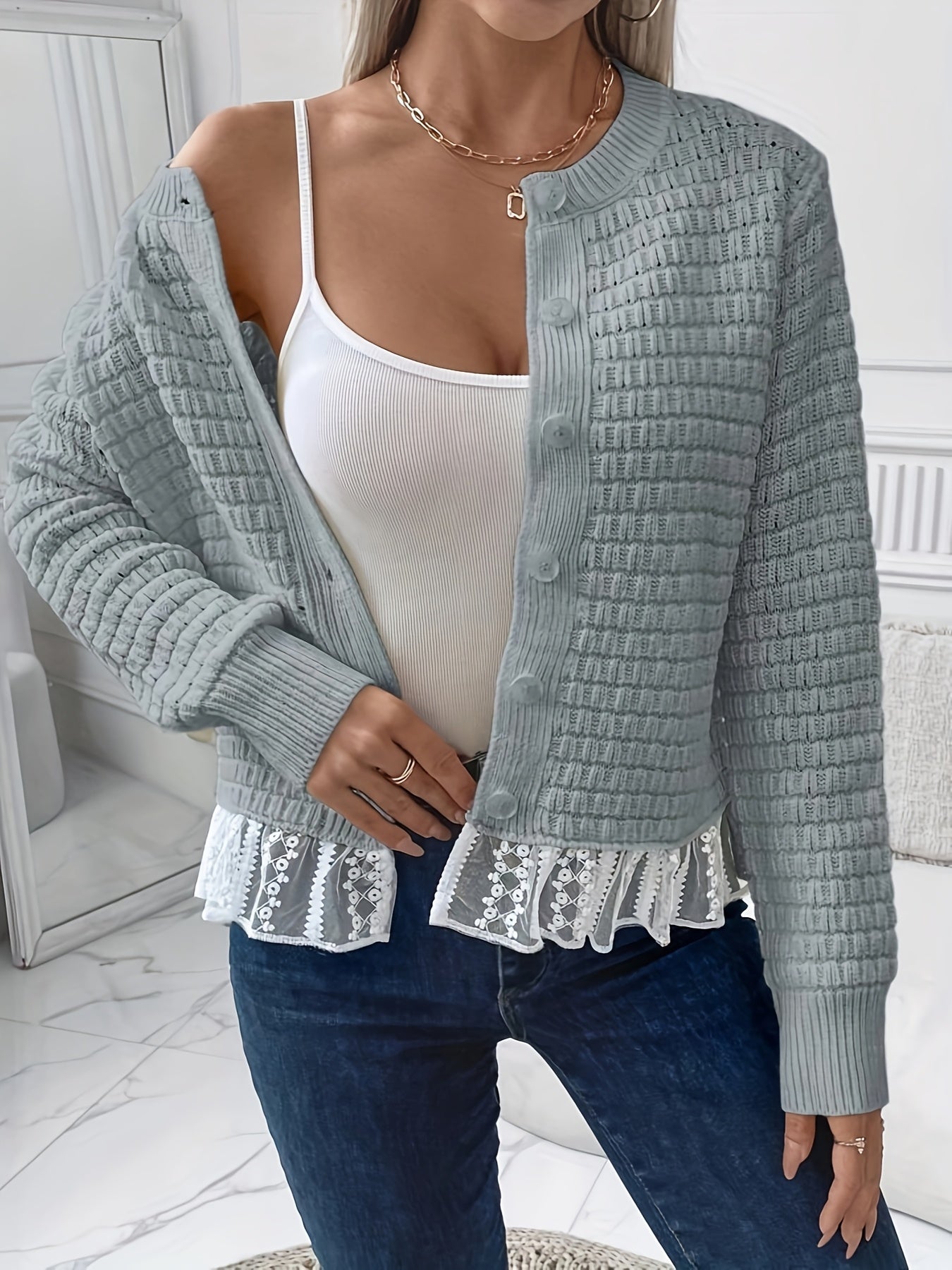 Женский кардиган с кружевной отделкой из шифона, полупрозрачный, с контрастными рукавами и укороченным кроем