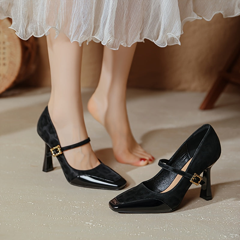 Women's Plus Size Leopard Print Pointed Toe Heeled Shoes with Ankle Strap