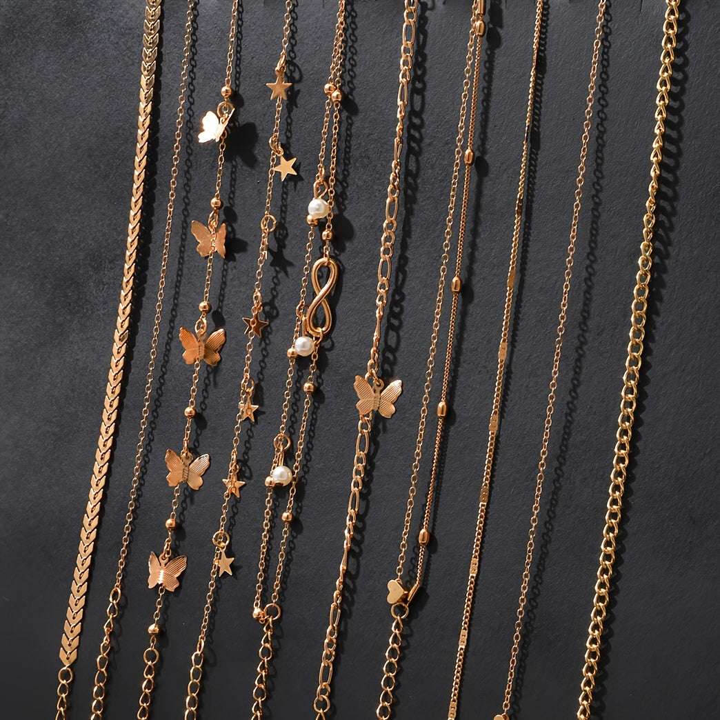 Women's Anklet Set with Butterfly and Bead Charms Snake Chain Beach Party Jewelry