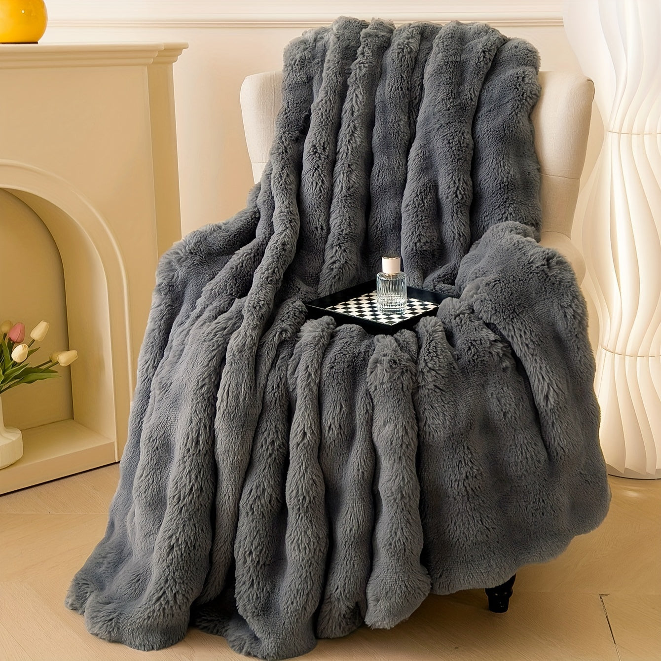 Polyester Faux Rabbit Short Plush Bed Blanket Solid Color Multi-Purpose All Seasons