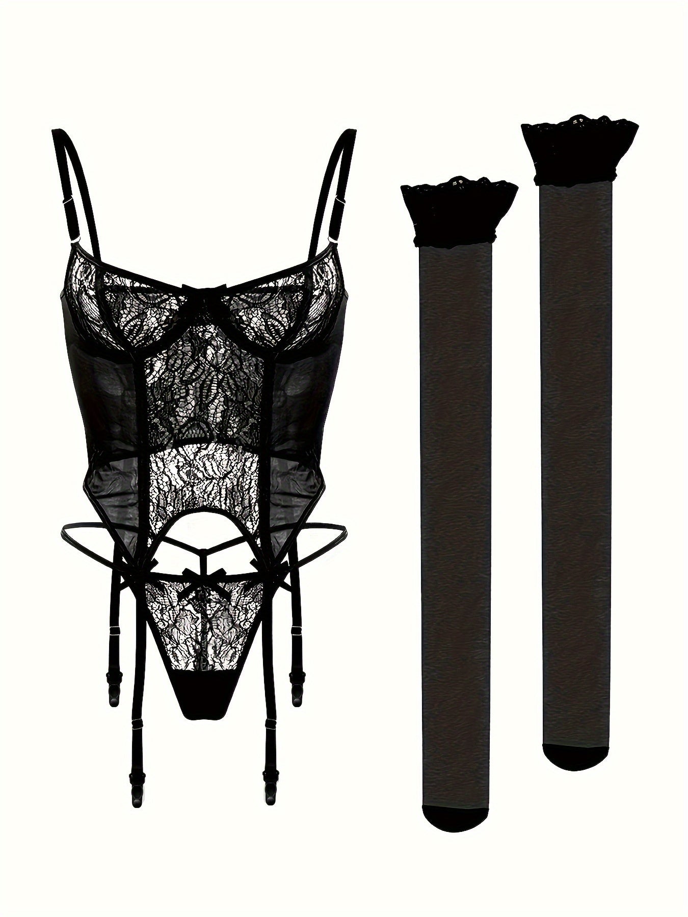 Women's Floral Mesh Lingerie Set with Lace Bra Garter Belt G-String and Stockings
