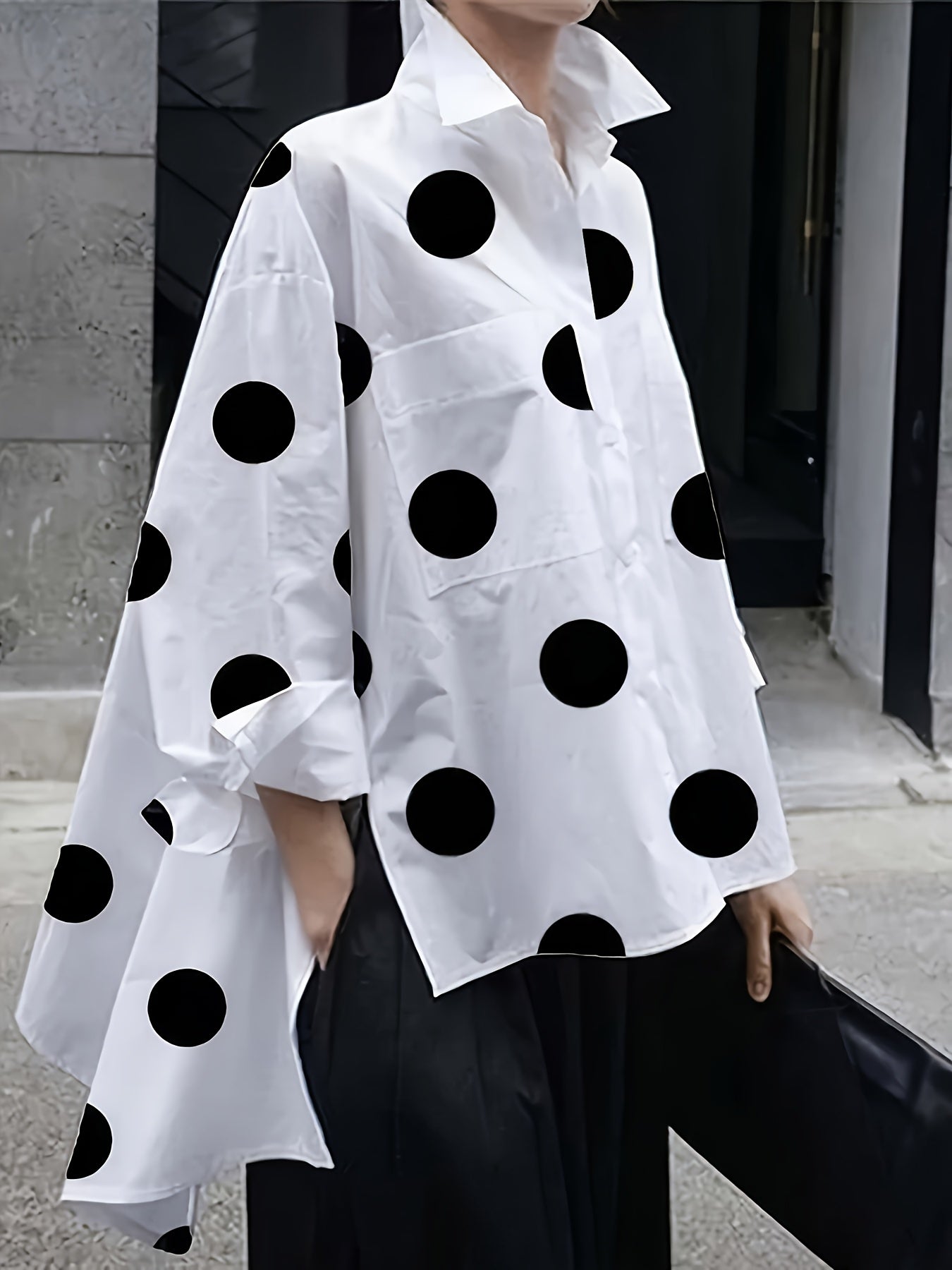 Women's Pink Polka Dot Long Sleeve Shirt with Lapel Collar and Side Slit in Polyester Blend