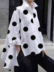 Women's Pink Polka Dot Long Sleeve Shirt with Lapel Collar and Side Slit in Polyester Blend