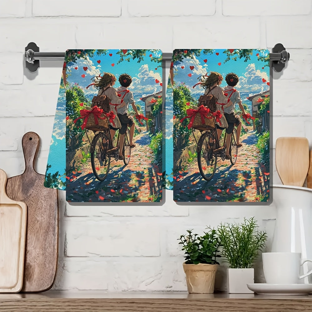 Set of 2 Ultra-Soft Kitchen Towels with Anime Couple Bicycle Design