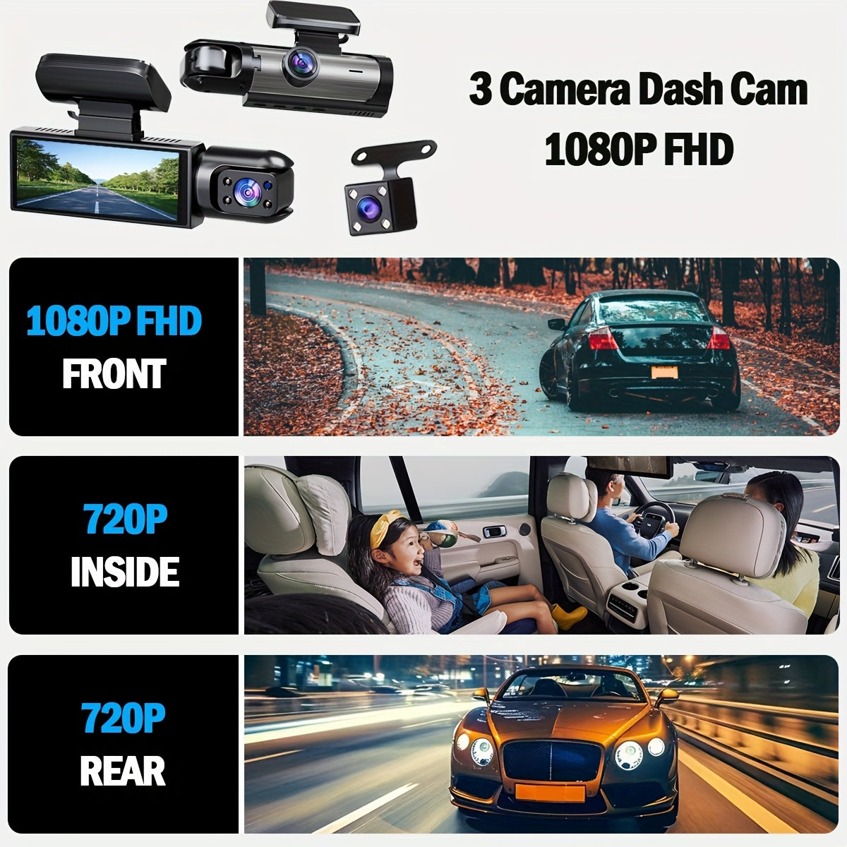 Cámara de tablero para coche Full HD 1080P de 3 canales con cámaras frontal, trasera e interior, pantalla LED, memoria de 32GB