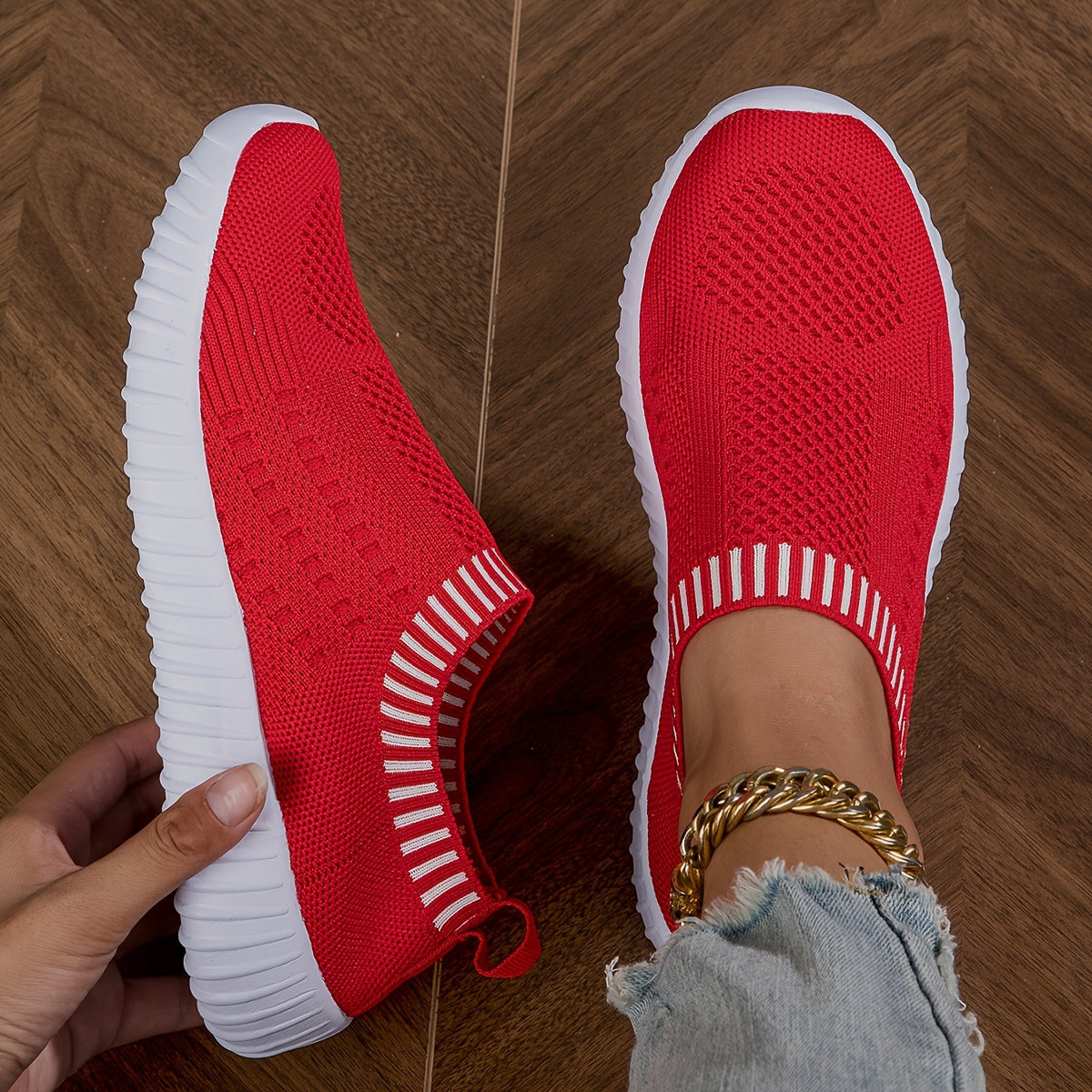 Women's Breathable Slip-On Knitted Sneakers, Casual Plus Size Walking Shoes