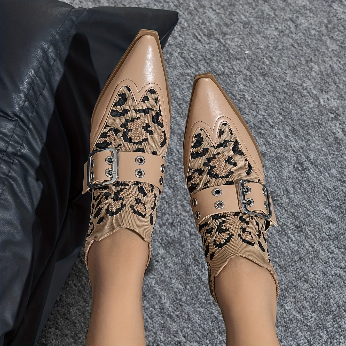 Women's Stretch Slip-On Ankle Booties with Buckle Flat Heel Pointed Toe