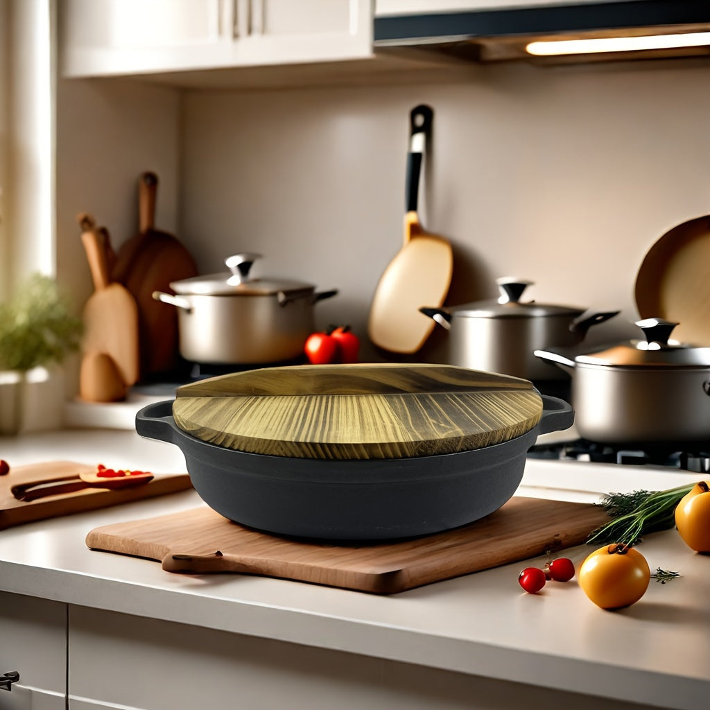 Cast Iron Double-Handled Skillet with Wooden Lid Non-Stick Cooking Pan for Gas and Induction