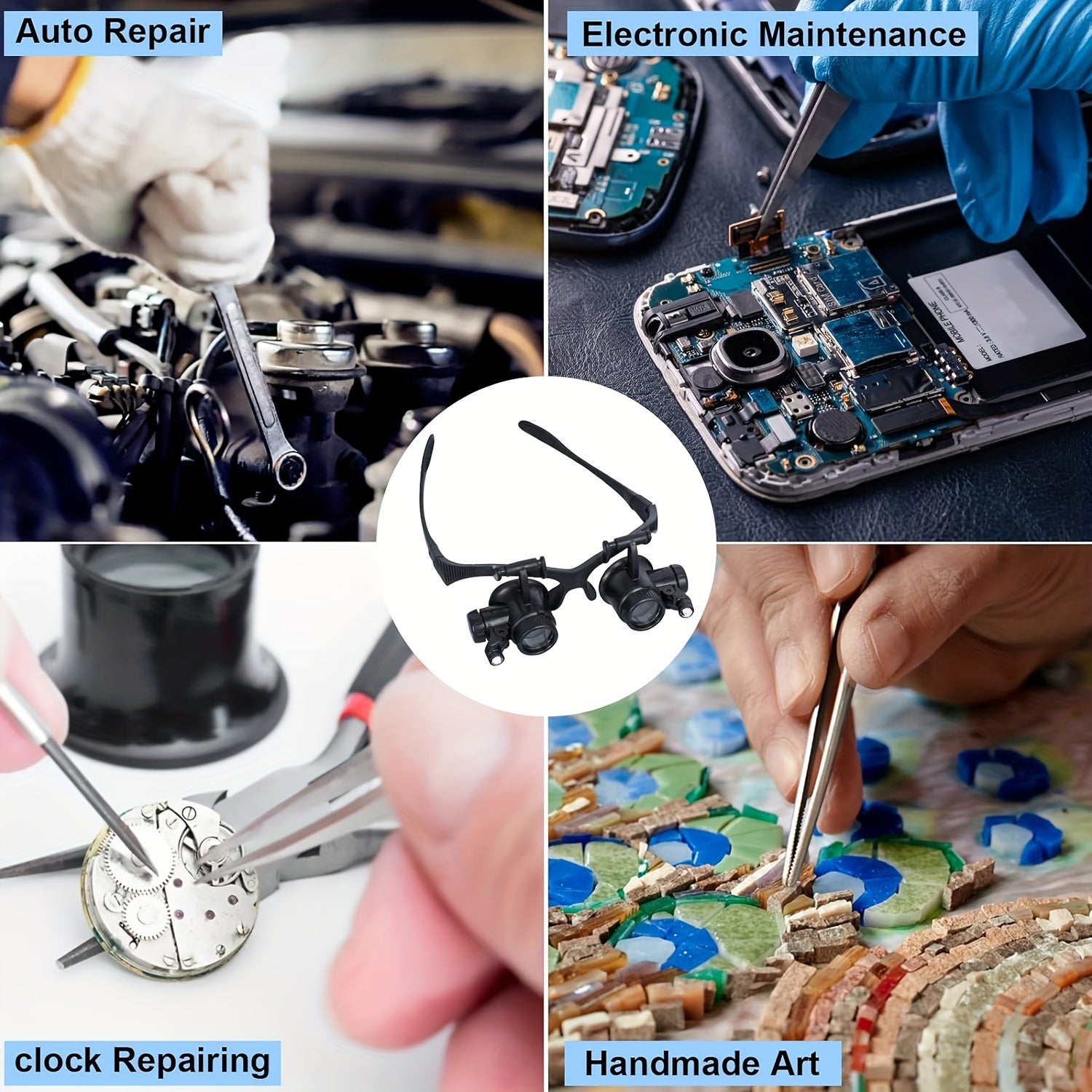 10X, 15X, 20X va 25X linzalari bilan boshband magnitli ko'zoynaklar to'plami. Turli vazifalar uchun LED chiroqli qo'l bilan taqiladigan loupe vizori. Qayta zaryadlanmaydigan tugmachali batareyalar bilan ishlaydi.