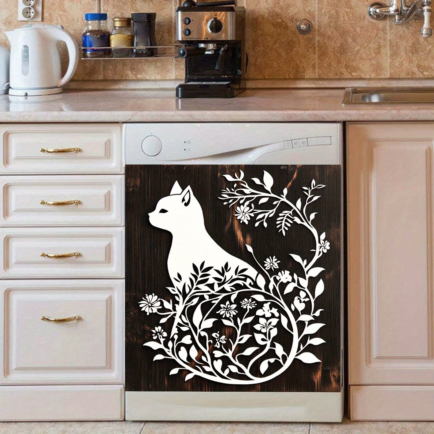 Silhouette Floral Cat Dishwasher Magnet Cover Waterproof Heat-Resistant Black Wood Design