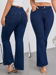 Plus Size Women's Blue Stretch Flare Jeans with Button Fly and Pockets