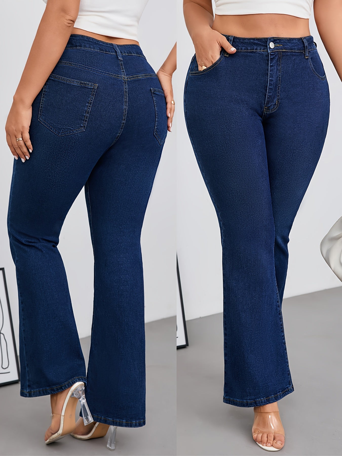 Plus Size Women's Blue Stretch Flare Jeans with Button Fly and Pockets