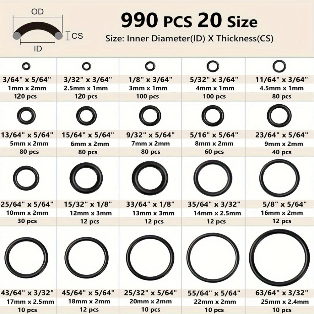 990Pcs Nitrile Rubber O-Ring Kit 70A Durometer Round Cross Section 20 Sizes