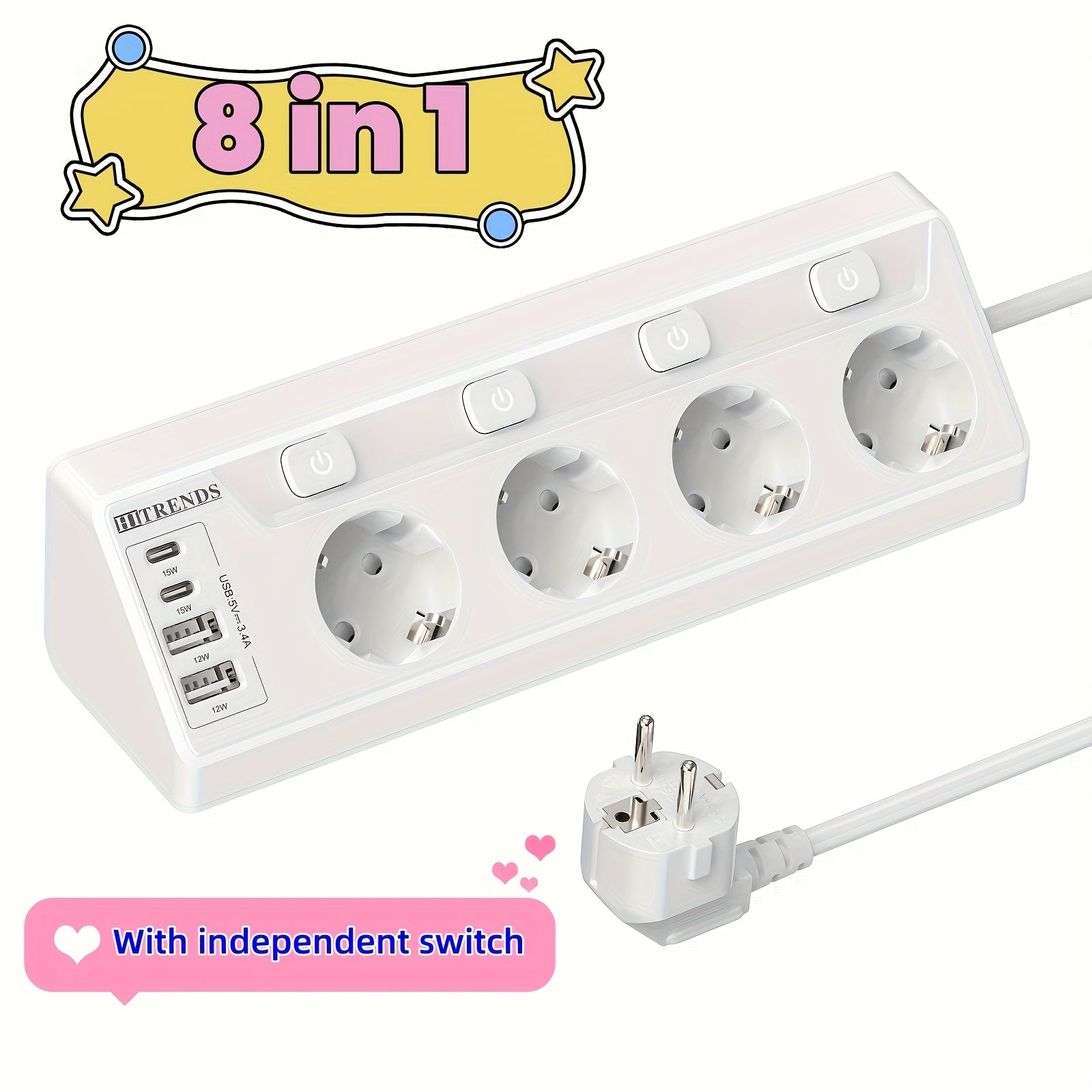 4-Port Corner Power Strip with USB-C and USB-A Ports 220-240V AC European Plug