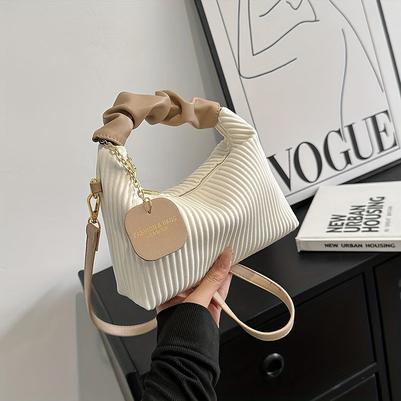Elegant Pleated Handbag for Evening Events in White and Black PU Material